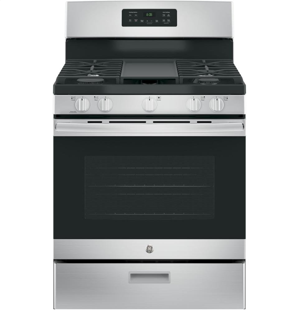 GE 30 Inch Free-Standing Gas Range, 5.0 cu. ft. Oven, 5 Sealed Burners, Broiler Drawer, Continuous Grates, Steam Clean, Simmer & Power Boil Burners, Non-Stick Griddle, Stainless Steel