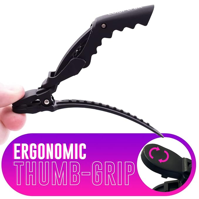 Colortrak Croc Hair Sectioning Clips, Section Large Amounts of Hair while Coloring, Cutting, and Styling, No Slip Rubber Grip, Black, Includes 4 Clips