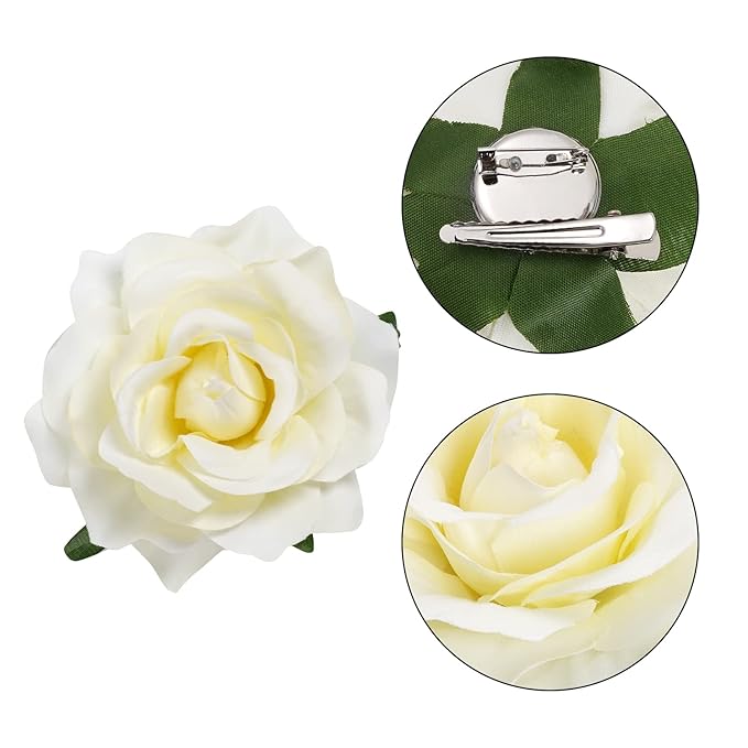 Rose Hair Clip, 4 Pcs Fabric Rose Flowers Hair Clips Mexican Hair Flowers Pin up Headpieces for Woman Girl Wedding Party Mother's Day (2 Sizes) (White)