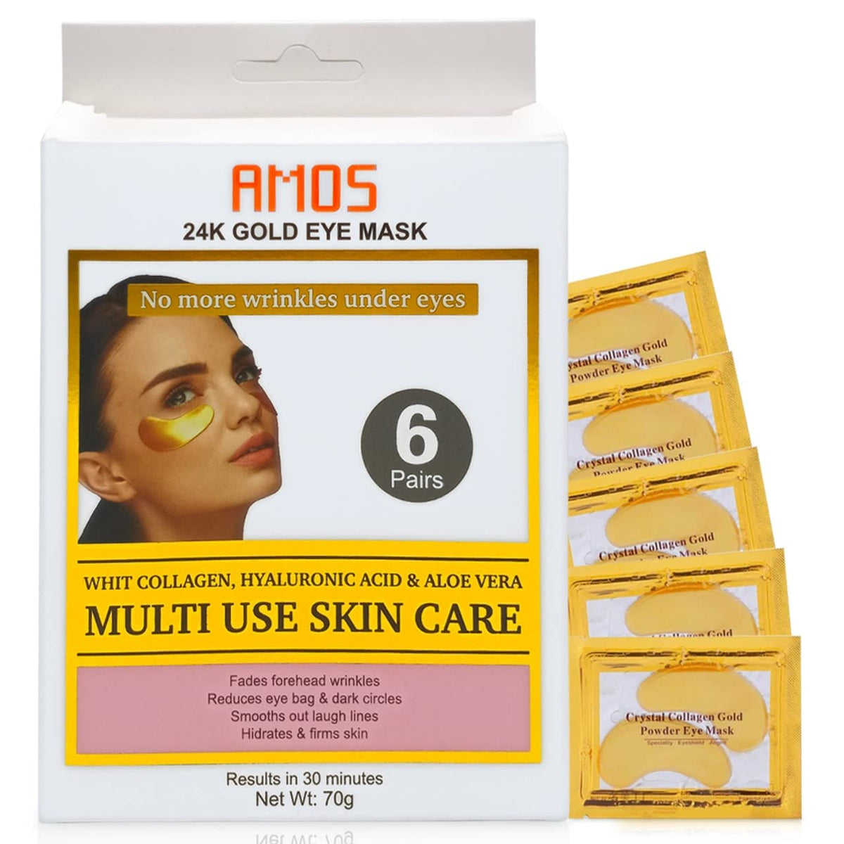 24K Gold Eye Masks for Dark Circles and Puffiness (6 Pairs) with Collagen, Aloe Vera & Hyaluronic Acid-Anti-Aging Under Eye Patches for Dark Circles and Puffiness-Reduce Wrinkles