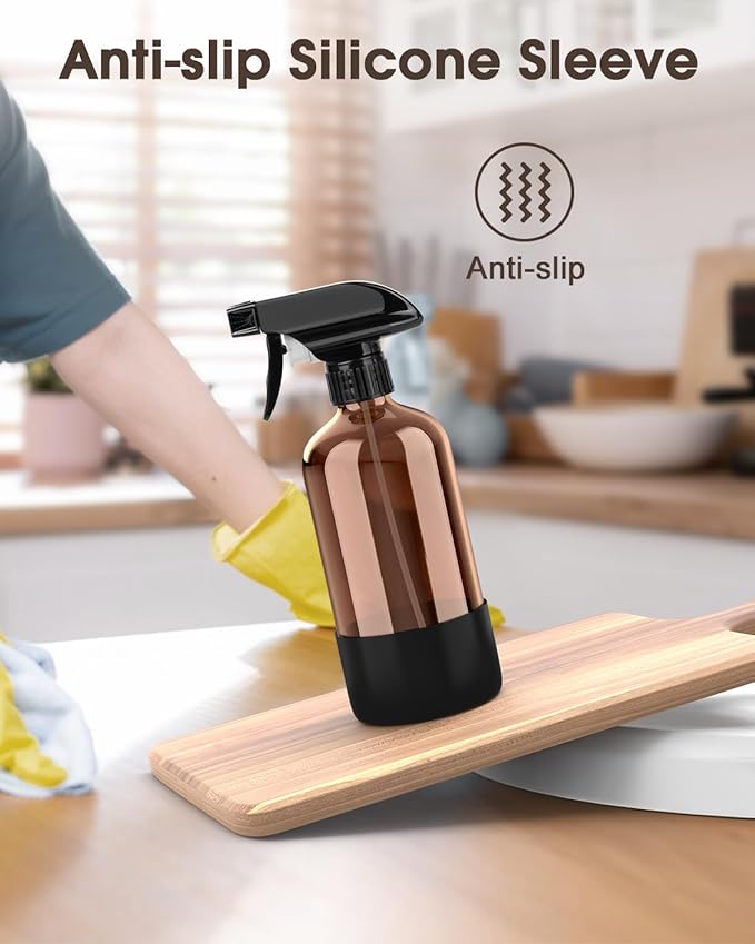 Bontip Glass Spray Bottle with Silicone Sleeve Protection, Amber Glass Spray Bottle Set for Window Cleaner Aromatherapy Facial Hydration Watering Flowers Hair Care 2 Pack/16 oz (Black & Blue, 16 oz)