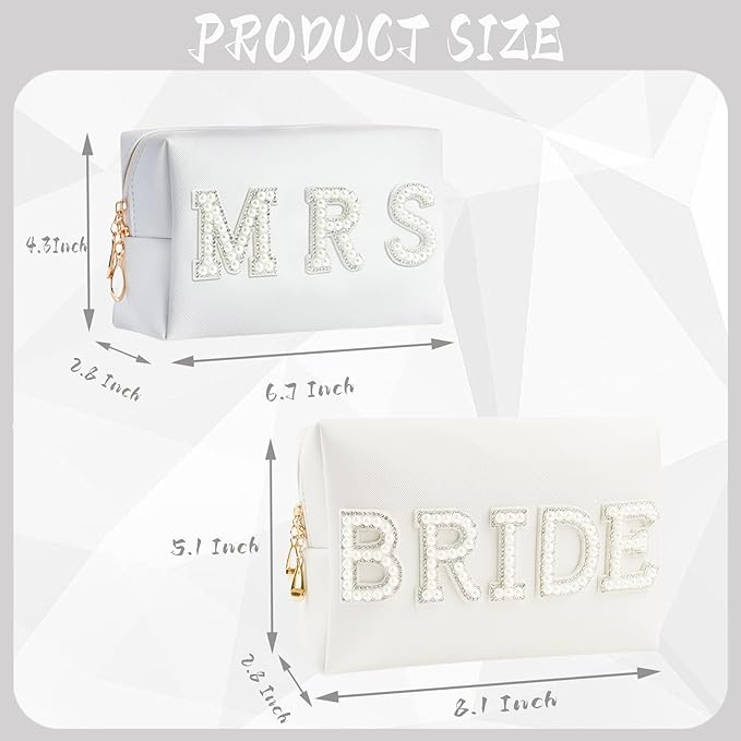 2PCS Bride to be Patch Letter Makeup Bag Bridal Shower Gifts for Engagement Wedding Bachelorette Bridesmaid Gifts for Bride Mrs Pearl Rhinestone Travel Bag White PU Leather Make Up Bag Pouch for Purse