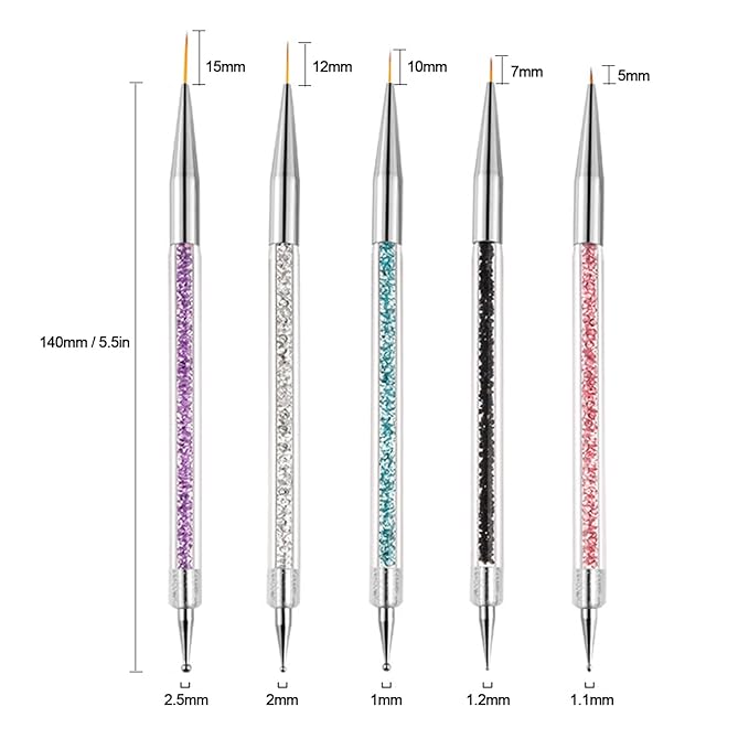 AIBEE Nail Art Brushes, 5pcs Double-Ended Acrylic Nail Brush Set with 5/7/10/12/15mm Nail Liner Brushes and Dotting Pens for French Nails