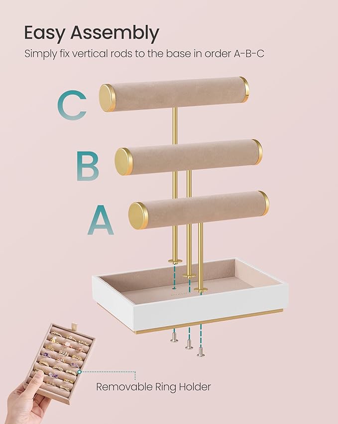 SONGMICS Bracelet Holder Stand, Jewelry Display Stand, Jewelry Organizer, with 3 Tiers and Velvet Tray, Removable Ring Holder, Cloud White and Camel Brown UJJS027A01