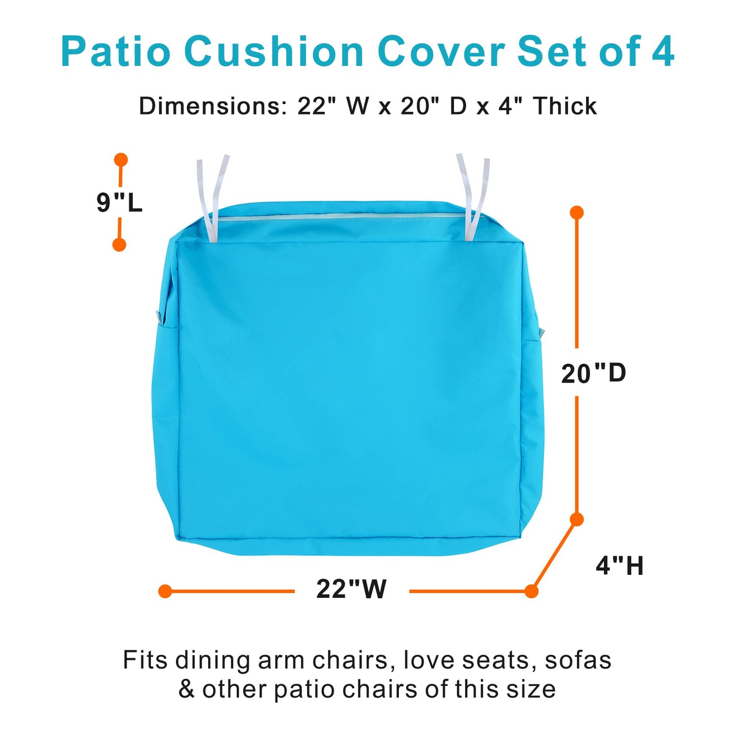 NettyPro Patio Cushion Covers Replacement Set 4 Water Repellent UV Resistant Outdoor Chair Seat Cushion Slipcover with Zipper and Tie, 22 x 20 x 4 Inch, Peacock Blue
