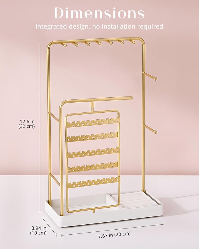 ProCase Jewelry Stand Holder Organizer, Jewelry Display Storage with Ring Tray, No-Assembly, Rotating Earring Bracelet Necklace Holder,Valentine's Gifts Room Dorm Decor for Teen Girls -Gold