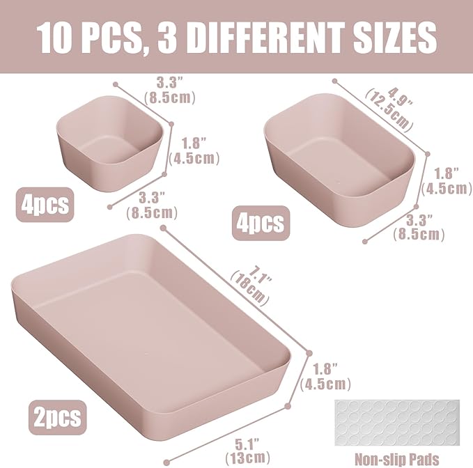 Plastic Drawer Organizers, 10 PCS Drawer Organizer Bins, Bathroom and Vanity Organizer Plastic Tray, Makeup organizer and storage for Makeup, Bedroom, Kitchen Gadgets Utensils and Office (Pink)