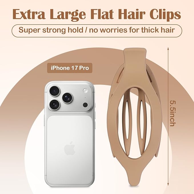 5.5 Inches Extra Large Flat Hair Clips for Women, 4 Pack XL Big Claw Clips for Thick Hair, Oversized Matte Strong Hold Non-slip Flat Claws, Khaki