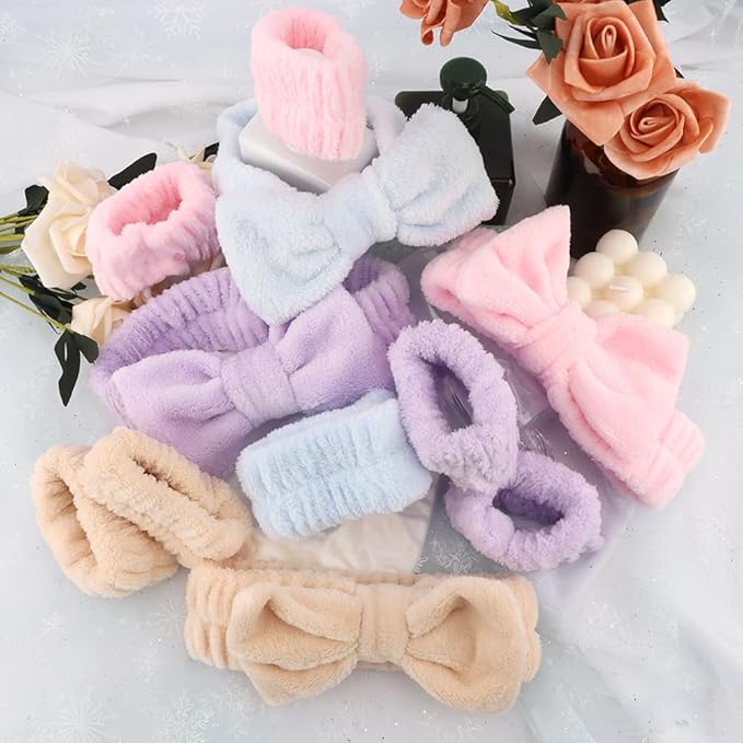 AOPRIE SPA Headbands for Washing Face Makeup Headbands with Bow Hair Band Women Facial Head Band Laurel Wrist Towel Wraps For Shower Face Mask Blue Pink Purple, 12 Pack