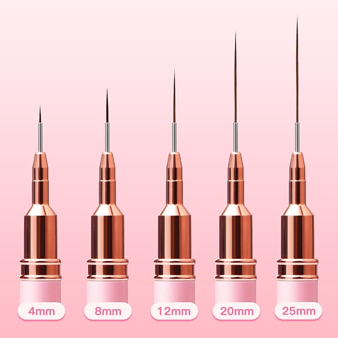 Metallic Nail Art Brushes, 5Pcs Liner Brush Set, UV Gel Polish Painting Art Design Pen for Long Lines, Thin Details, Fine Drawing Sizes 4/8/12/20/25mm(Pink)