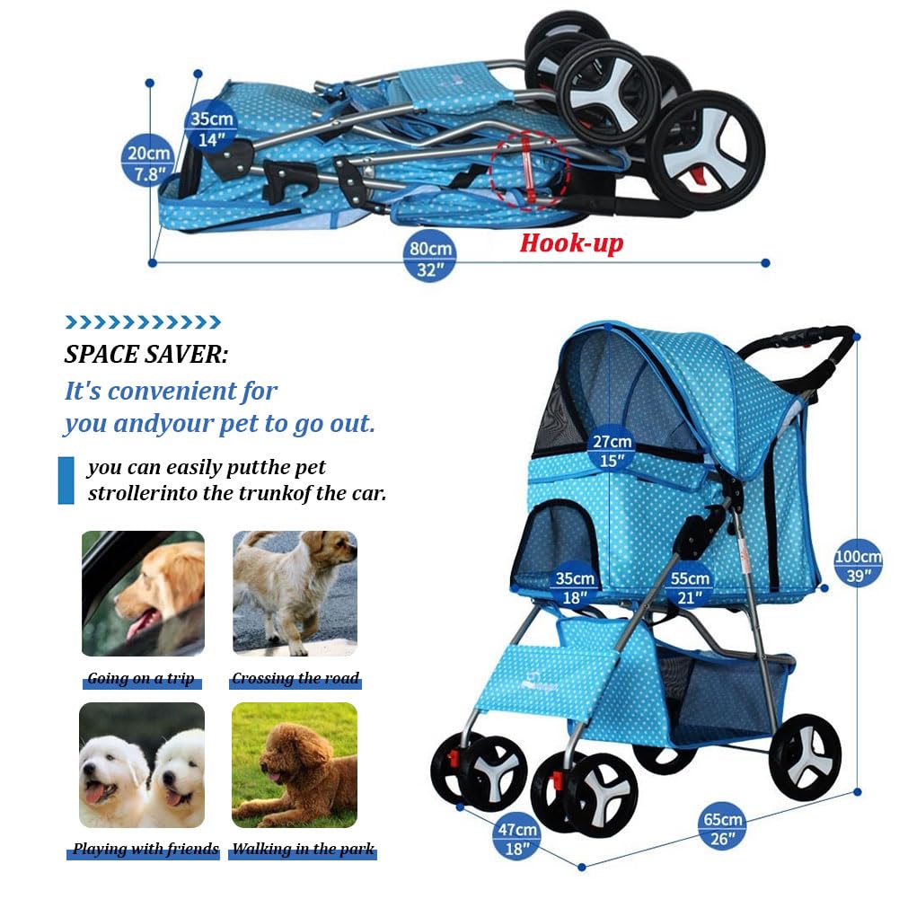 LWWJJ Pet Stroller 4 Wheels, Multifunction Dog Cat Jogger, Folding Lightweight Travel Stroller with Detachable Carrier & Cup Holder for Small/Medium Dogs and Cats, Navy Blue