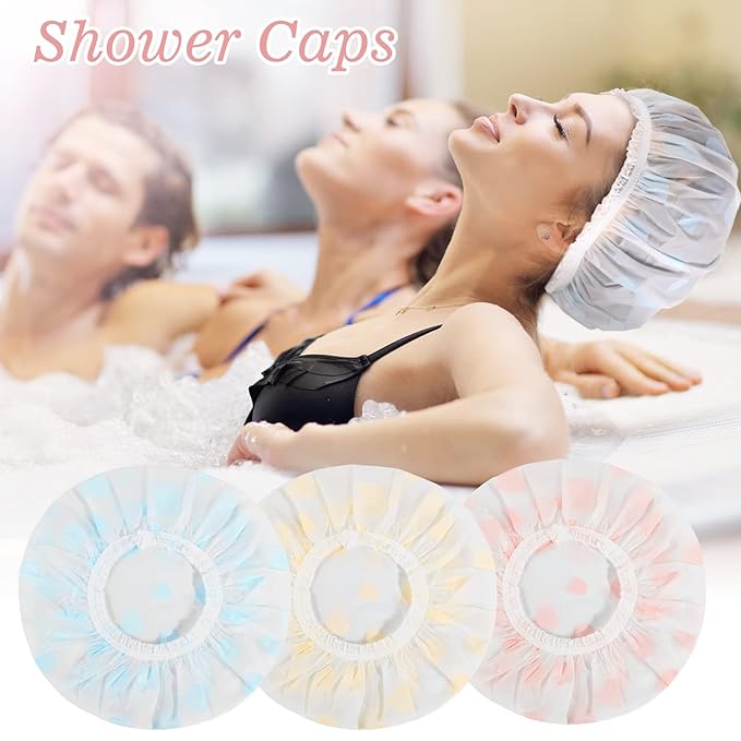 Waterproof Shower Caps, 3 Pcs Plastic Reusable Shower Caps Elastic Band Bath Caps for Women Ladies Spa Salon