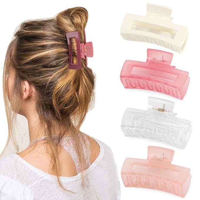 Canitor Hair Clips Set of 4: Pink Rectangular Acrylic Banana Non-slip Medium Claw Jaw Clips for Thin Hair, Y2K Hair Accessories