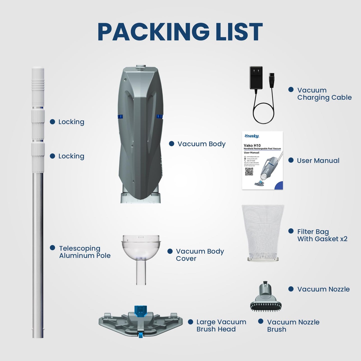 Cordless Pool Vacuum for Above Ground Pool with Telescopic Pole, 18.5 GPM Powerful Suction, Upgraded 60 Mins Runtime, Rechargeable Handheld Pool Cleaner with 2 Brush Heads for Inground Pools