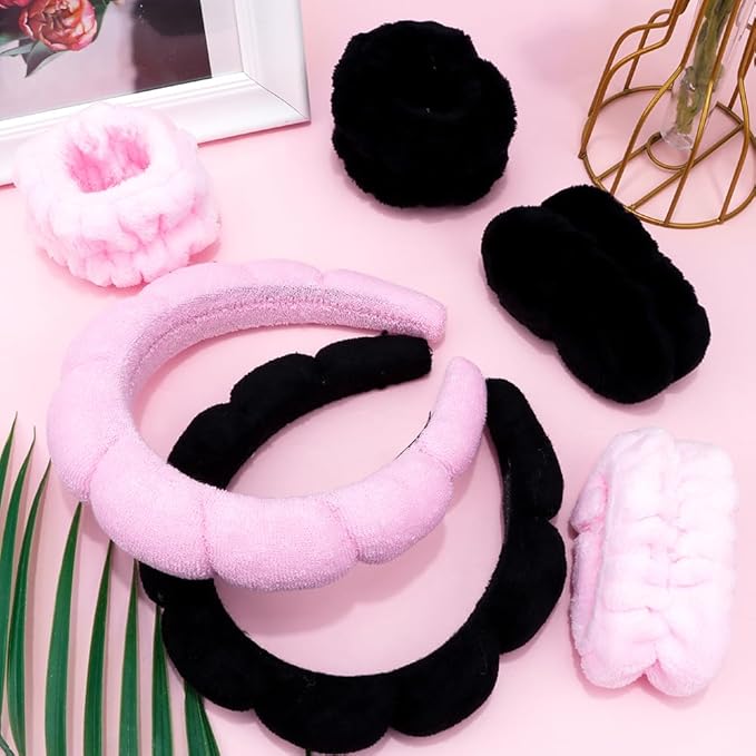 SPA Headbands for Washing Face Makeup Headbands with Bow Hair Band Women Facial Head Band Wrist Towel Wraps For Shower Face Mask Black Pink, 6 Pack