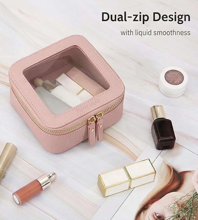 Aveniee Mini Clear Makeup Bag, Small Cosmetic Bags Travel Toiletry Pouch Organizer, TSA Approved Make up Case with Zipper, Car Bag for Essentials,Dusty Pink