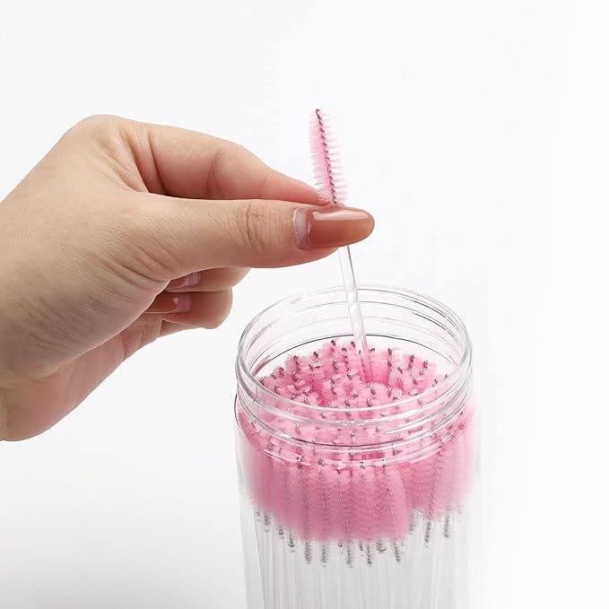 100 Pcs Disposable Mascara Wands, Crystal Eyebrow Spoolies Brush for Eyelash Extensions, Makeup Applicators Kits Eyelash Brush with Container (Pink)