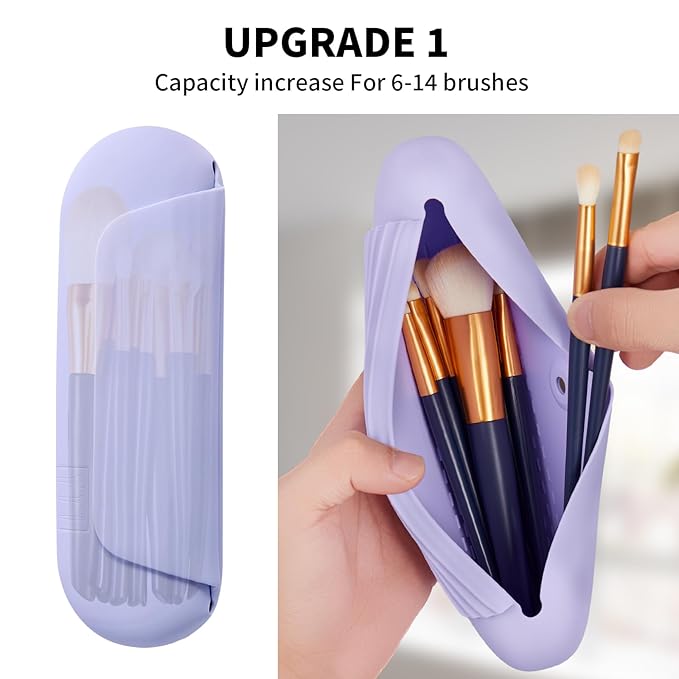 2 IN 1 Silicone Makeup Brush Holder with Beauty Make Up Sponge Holder Case：Soft Portable Cosmetic Face Brushes Holder with Upgrade Anti-Fall Out Magnetic Closure - Purple