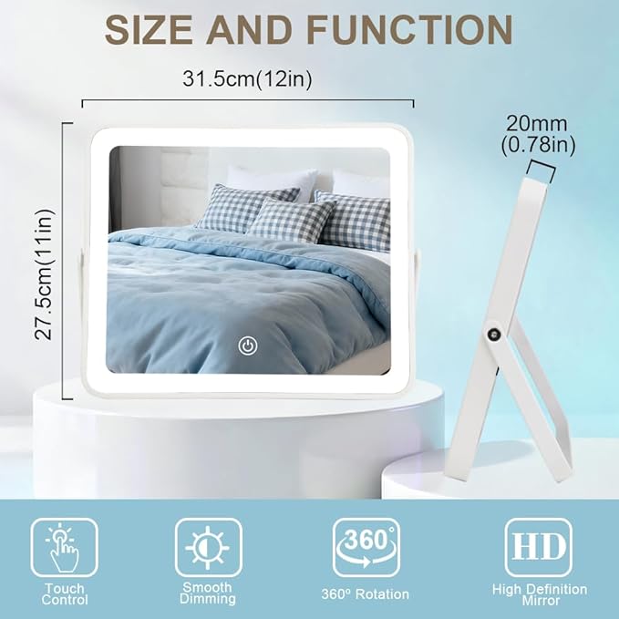 YEKKOPT Portable Desk Vanity Mirror with Lights,10"ÃÂ12" Small Rechargeable Makeup Mirror with Lights,Smart Touch Screen with 3-Color Lighting,Dimmable,for Dorm Tabletop,Bedroom,Decor
