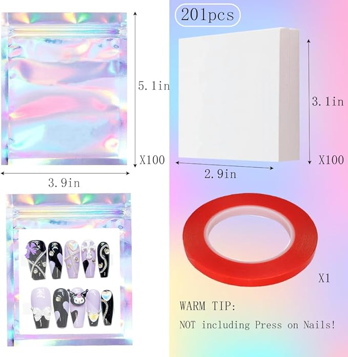 Qenk 100PCS Empty Holographic Nail Storage Bag Press on Nail Packaging Bag and 100PCS Shiny white cardboard Nail Tips Packaging Bags with 1 Roll Transparent Tape