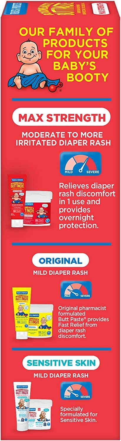 Boudreaux’s Butt Paste Max Strength Diaper Rash Cream for Baby, Ointment With Zinc Oxide, 4 oz Tubes, 3 Pack