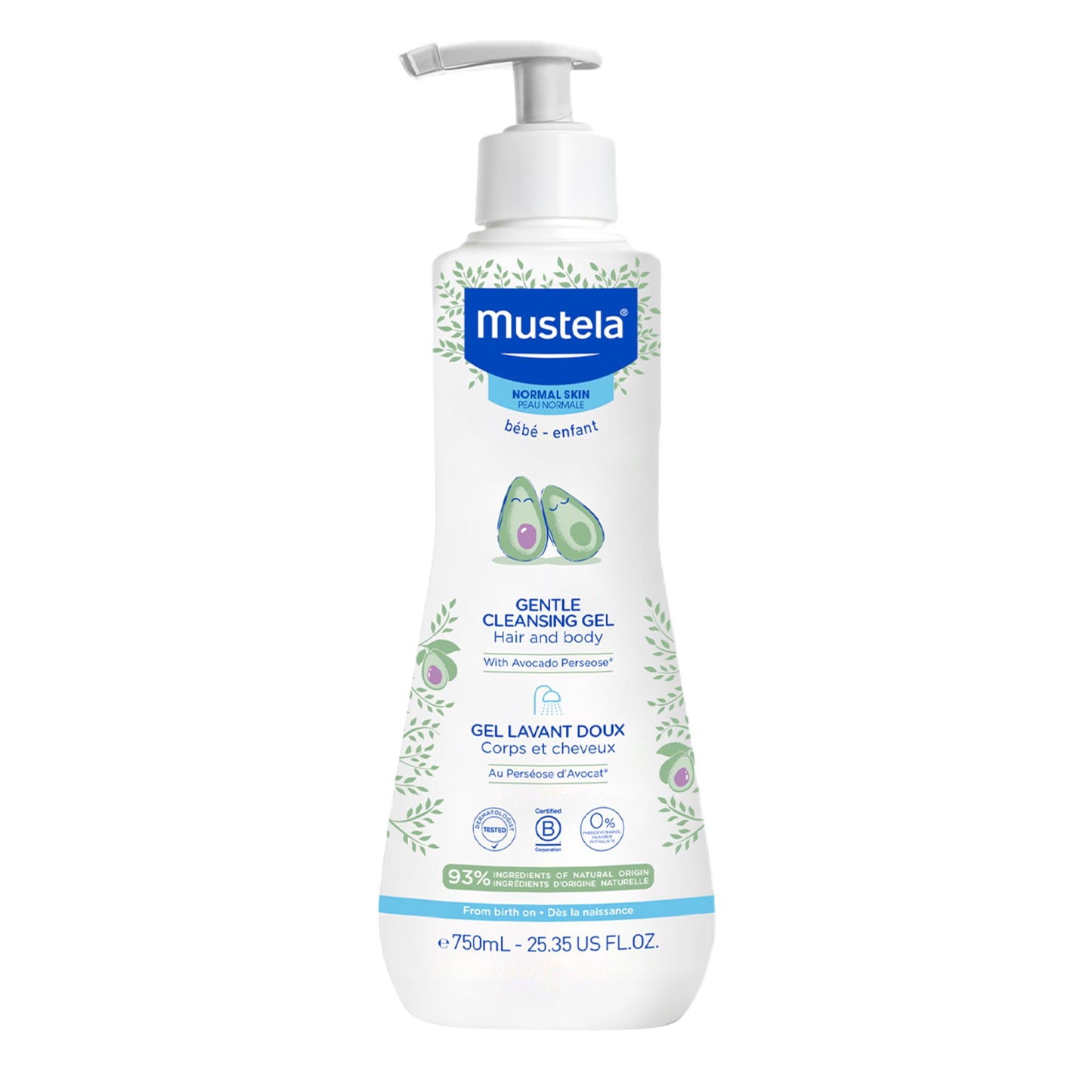 Mustela Baby Gentle Cleansing Gel - Baby Hair & Body Wash - with Natural Avocado fortified with Vitamin B5 - Biodegradable Formula & Tear-Free – 25.35 fl. oz.
