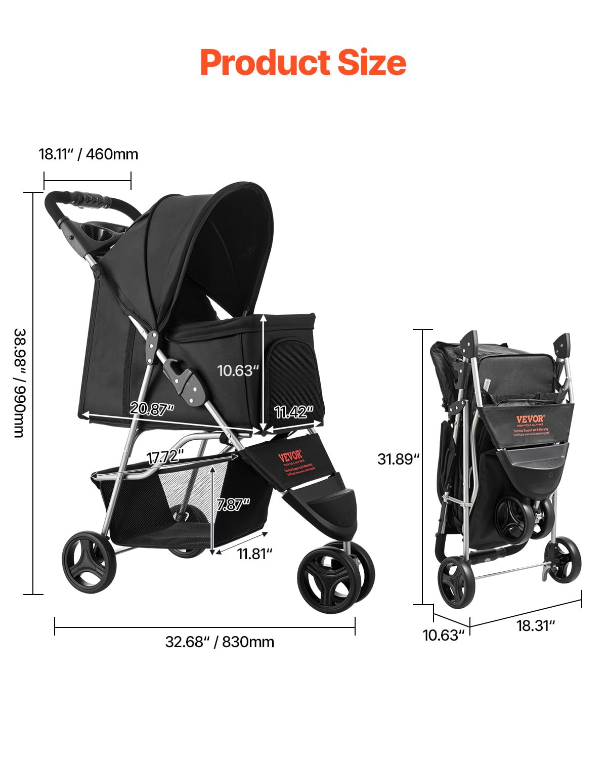 VEVOR Pet Stroller, 35 lbs Weight Capacity, Foldable Dog Cart, 3 Wheels Cats Carts with Mesh Windows and Cup Holders, Portable Pet Carrier Stroller with Brake, for Small to Medium Pets