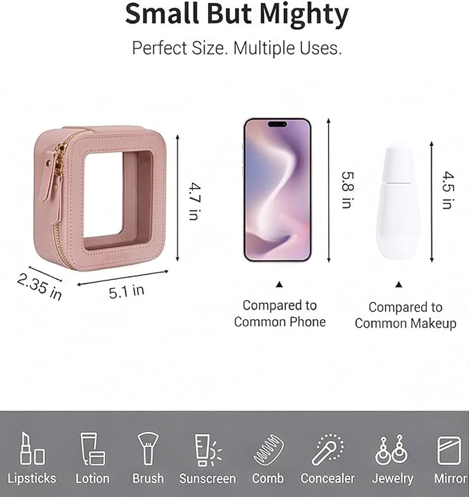 Aveniee Mini Clear Makeup Bag, Small Cosmetic Bags Travel Toiletry Pouch Organizer, TSA Approved Make up Case with Zipper, Car Bag for Essentials,Dusty Pink