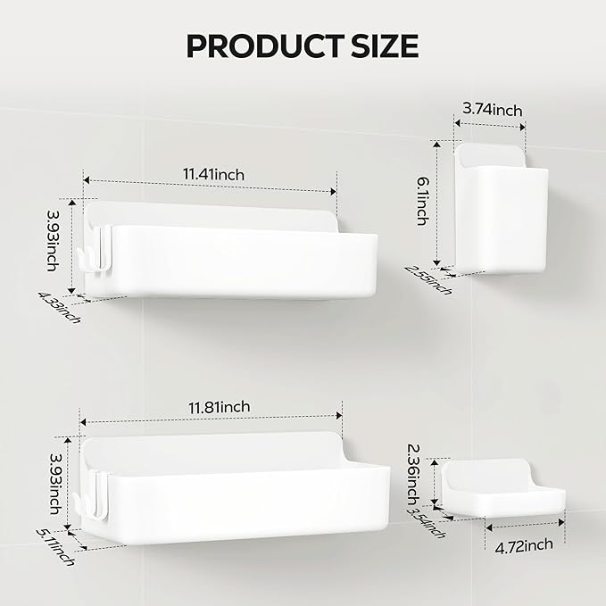 Nieifi Adhesive Wall Shelf, Shower Shelves, Shower Organizer for Bathroom Organization (White, 4 pieces)