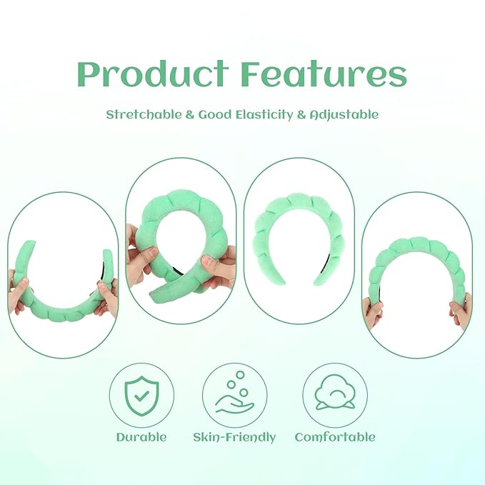 Women's Spa Headband for Washing Face, Makeup Removal, and Shower - Terry Cloth Puffy Sponge Headband with Hair Accessories (Green)