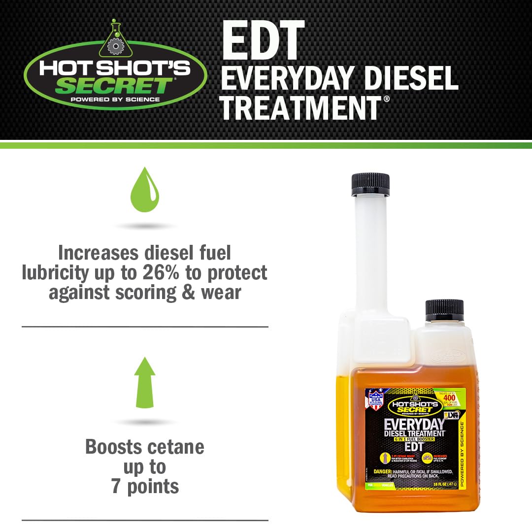 Hot Shot’s Secret Everyday Diesel Treatment EDT 16 oz Squeeze – Treats 400 Gallons – 6-in-1 Diesel Fuel Additive, Injector and Fuel System Cleaner, Boosts Cetane