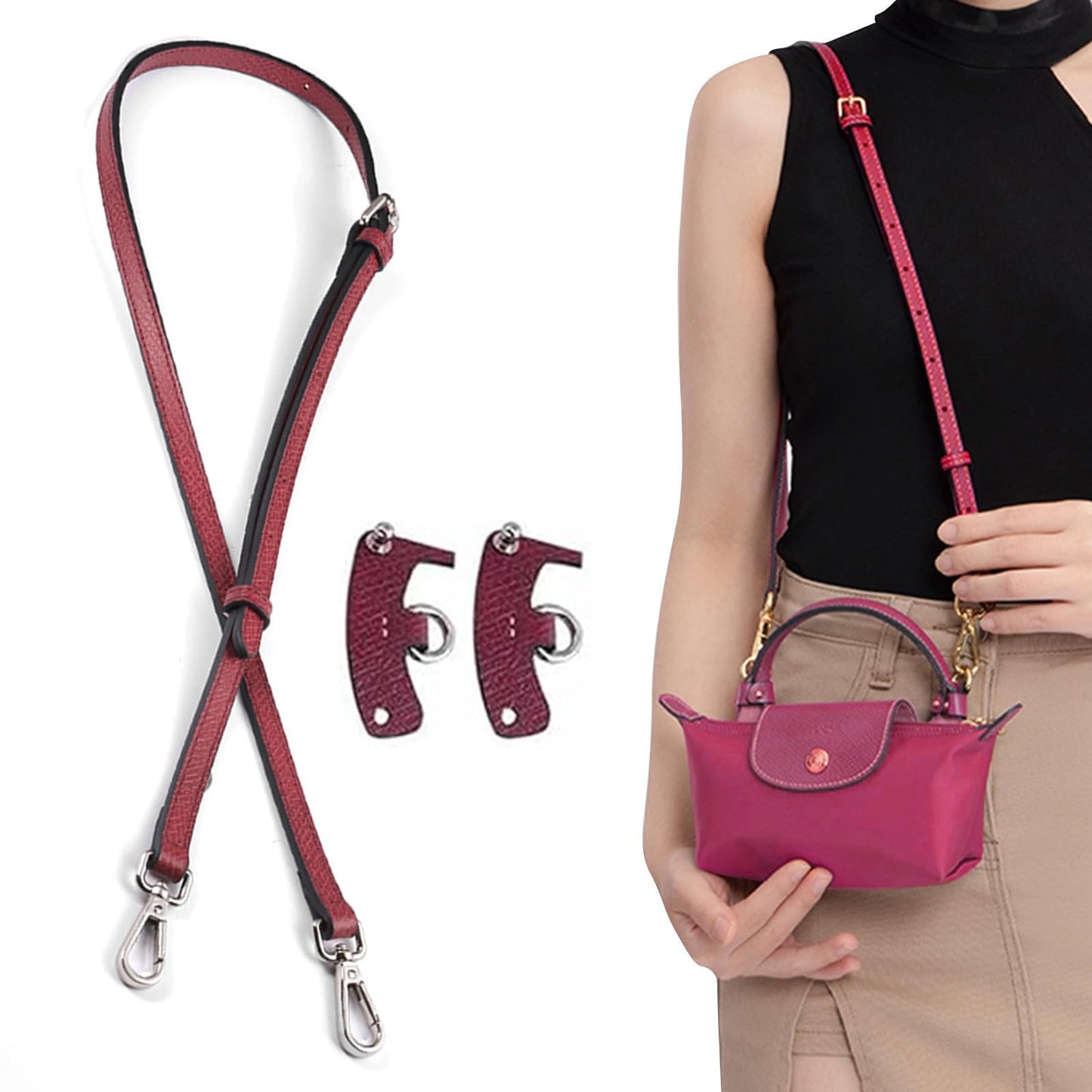 jiesinlov Leather Bag Shoulder Strap Crossbody Adjustable Replacement Conversion Kit Fit for Xs dark red Mini Le Pliage Pouch Burgundy(WINE RED)