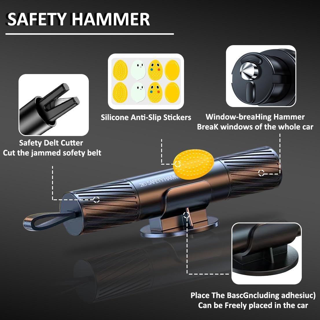 smosun Safehammer - 2026 Upgraded Safe Hammer Glass Breaker Under Water, Car Hammer Seatbelt Cutter Window Breaker Emergency Escape Tool, Safehammer Glass Breaker for New Cars (3PCS)