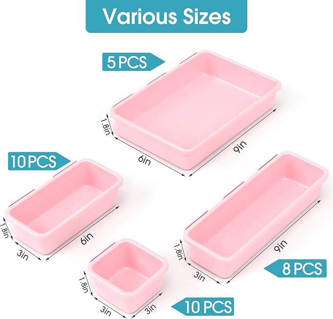 33 PCS Drawer Organizer Set, 4 Size Makeup Drawer Divider Organizer With Non-Slip Pads, Interlocking Plastic Storage Bins for Office,Jewelry Vanity,Gadgets, Bathroom,Kitchen, Pink
