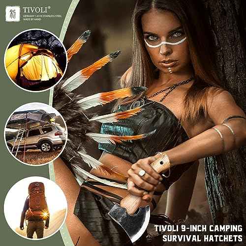 Tivoli 9-inch Small Hatchet Axe for Camping, Small Wood Hatchet Hand Axe, Hand Forged Carbon Steel Short Camp Axe for Chopping Wood, Ash Wood Handle, Retro Sheath