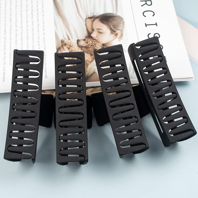 4 Pack Extra Large Hair Claw Clips for Women, 5'' Hair Clips for Thick and Long Hair, 90's Non-slip Square Jaw Clips for Curly Hair, Strong Hold Matte Hair Clamps (Black)