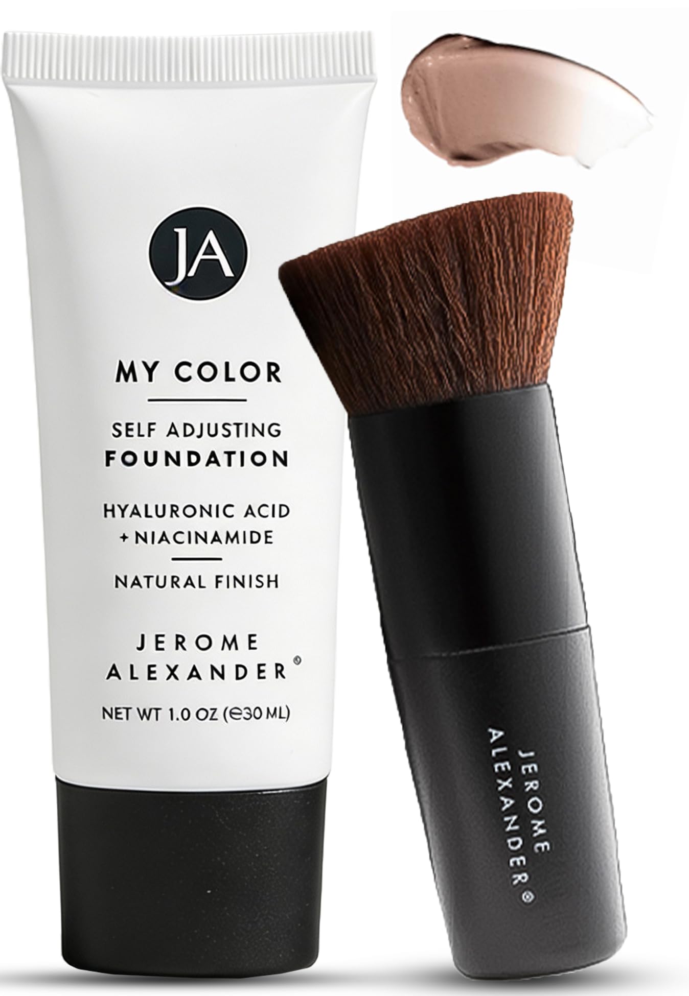 Jerome Alexander My Color Self-Adjusting Foundation, Hydrating & Lightweight Face Makeup, Skincare-Infused, with Kabuki Brush, Medium Dark, 1 oz