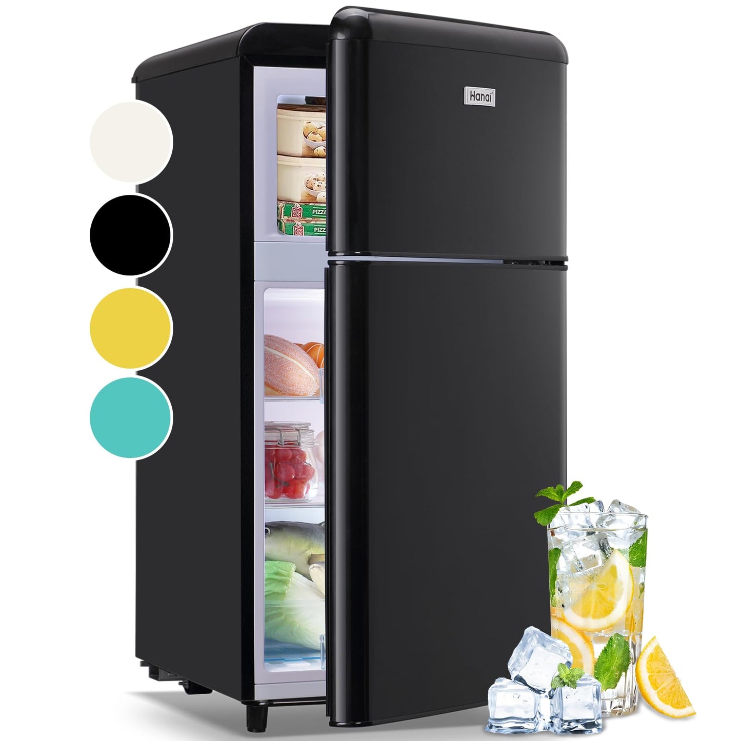 WANAI 3.5 Cu.ft Retro Mini Fridge with Freezer Compact Refrigerators Black Small Fridge Dual Door Classic Refrigerator Removable Glass Shelves Adjustable Thermostat for Home Office Dorm RV