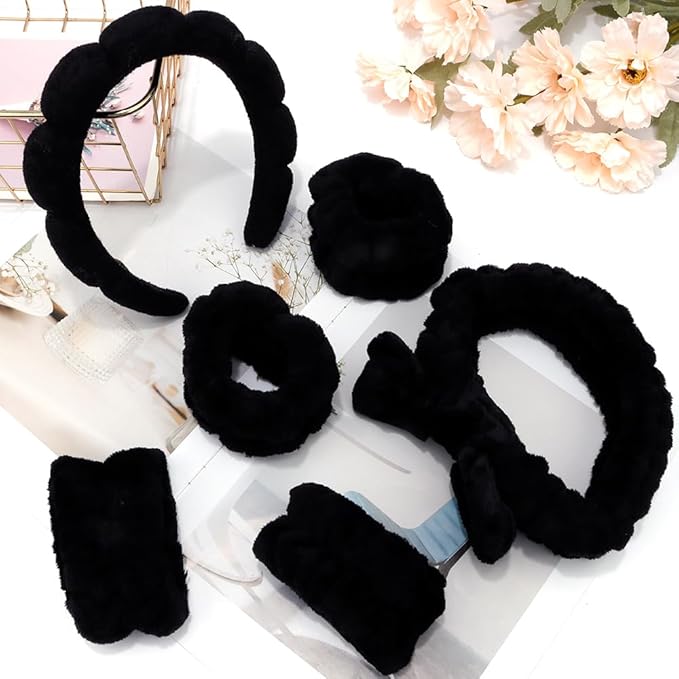 SPA Headbands for Washing Face Makeup Headbands with Bow Hair Band Women Facial Head Band Wrist Towel Wraps For Shower Face Mask Black, 6 Pack