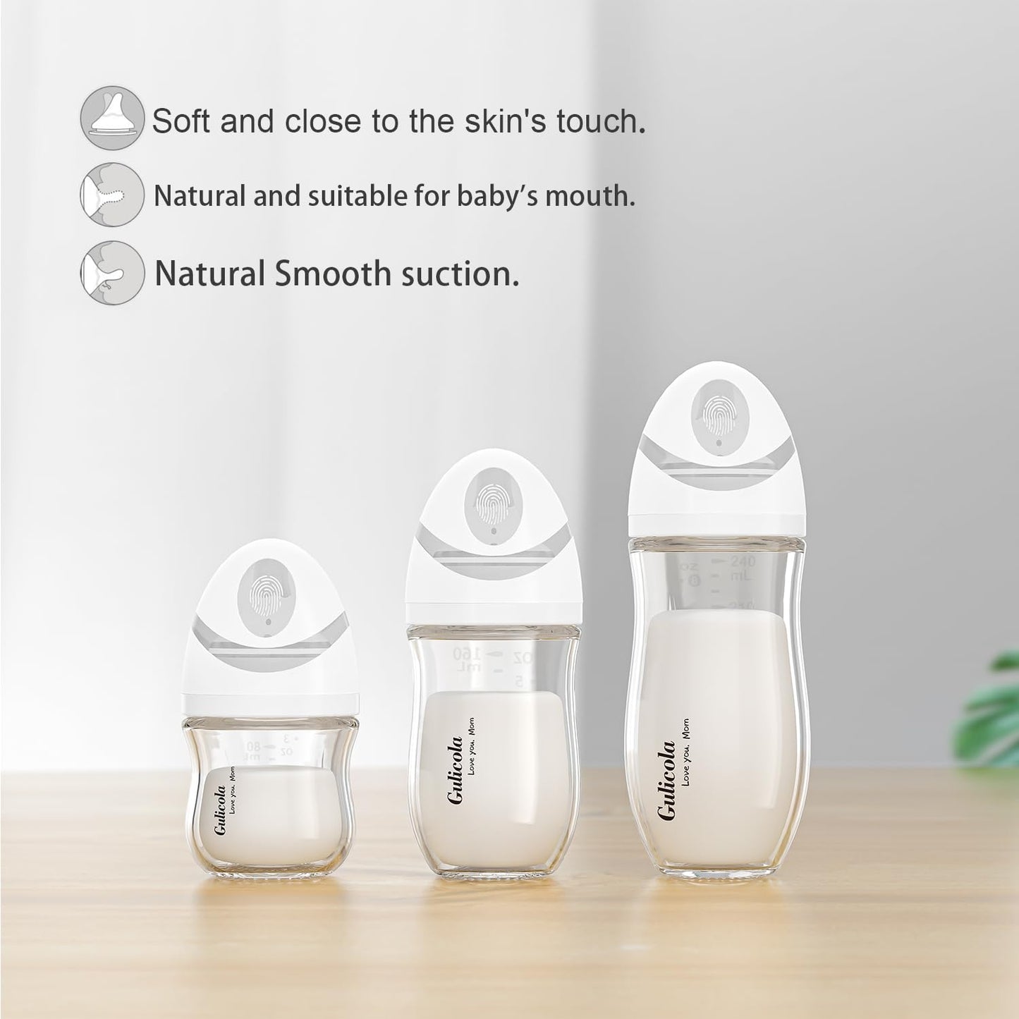 Gulicola Natural Glass Baby Bottle for Breastfeeding Babies, Newborn Anti-Colic Bottle Set with Slow Flow Nipple, 0-3 Months, 5 oz, 2 Pack - White