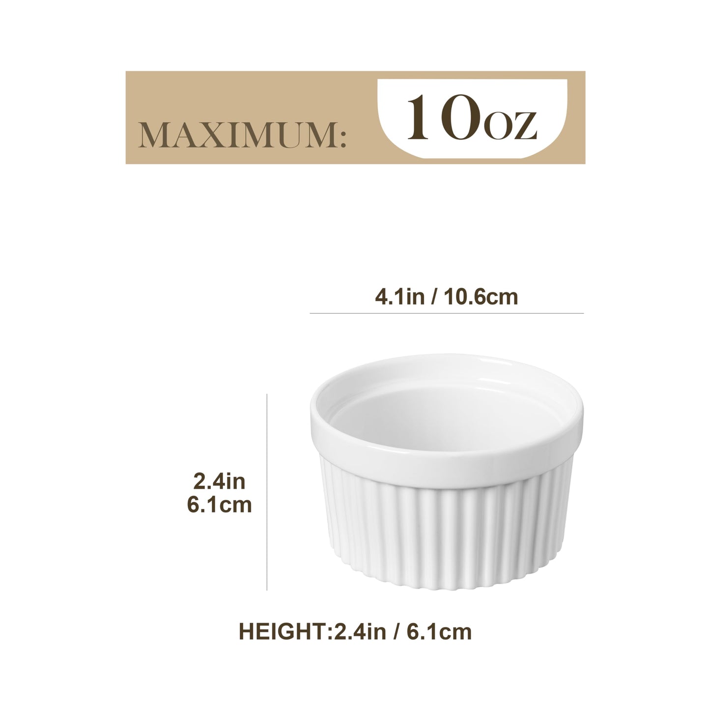 MALACASA Ramekins 10 oz Oven Safe, Porcelain Creme Brulee Ramekins Pudding Custard Cups Large Ceramic Souffle Dishes Ramakan Ramiken Ramicans Baking Bowls Set of 6, White, Series RAMEKIN-DISH