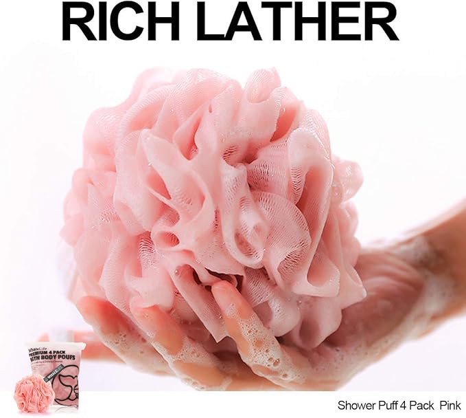 Loofah Sponge Bath Sponge for Women Men 4 Pack (Pink)