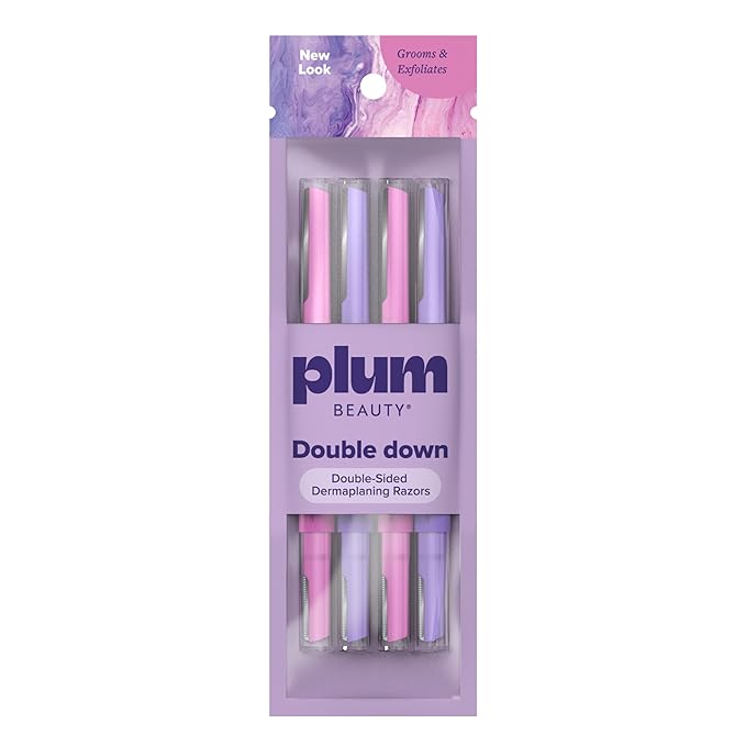 Plum Beauty Double-Sided Dermaplaning Razors (4-Pack) Ã¢ÂÂ Dual-Blade Facial Razors for Women - Precision & Large Blades for Brows, Upper Lip, & Cheeks - Peach Fuzz Remover & Exfoliating Face Tool