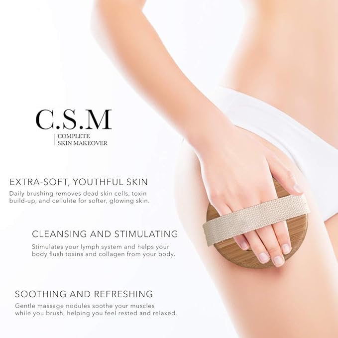 CSM Dry Brushing Body Brush for Lymphatic Drainage - Natural Boar Bristle Exfoliating Brush Set with Face Brush for Cellulite, Circulation & Glowing Skin