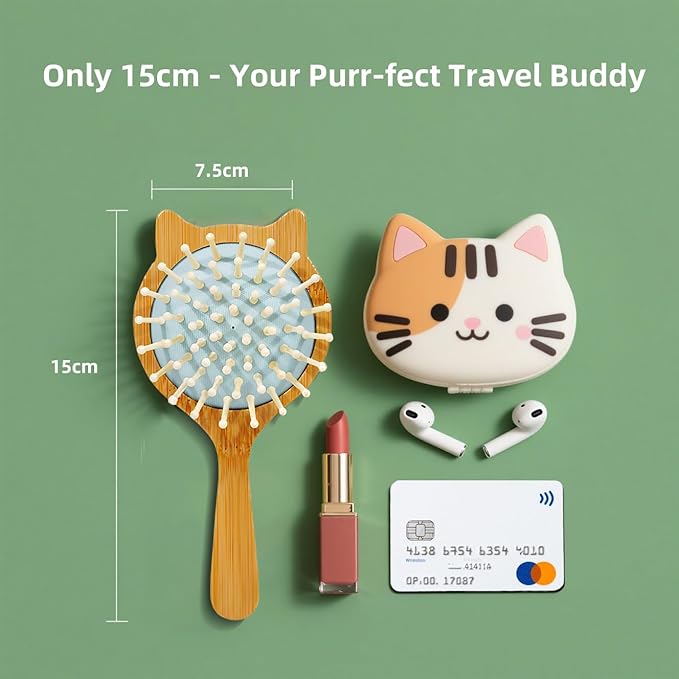 Cute Cat Shape Blue Mini Bamboo Hair Brush - Kids Travel Hairbrush with Air Cushion, Anti-Frizz Detangler for Girls (Adorable Kitten Design)