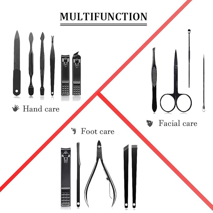 Professional Stainless Steel Nail Clipper Travel & Grooming Kit Nail Tools Manicure & Pedicure Set of 15pcs with Luxurious Case (Black/Red)