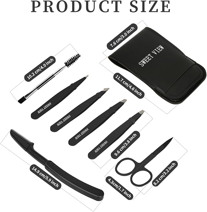 SWEET VIEW 7pcs Eyebrow Tweezers Kit for Women Precision Plucker with Brow Scissors & Razor & Spoolie for Facial, Chin, Brow, Splinter and Ingrown Hair