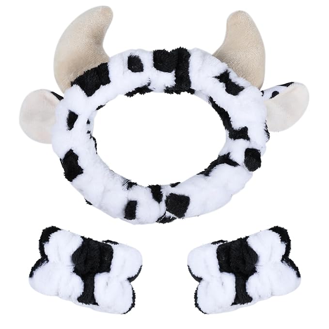 Plush Wash Face Headband Cow Print Spa Wrist Band Cuffs Hair Scrunchy Women Girls Facial Makeup Skincare Bath Head Wrap Kids Costume Party Supply Birthday Gift
