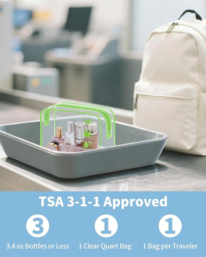 WANDF TSA Approved Toiletry Bag, 2 Packs Travel Clear Toiletry Bag, Quart Size Makeup Cosmetic Pouch with Zipper, Carry-On Airport Compliant Bag for Women and Men (2pcs Green)
