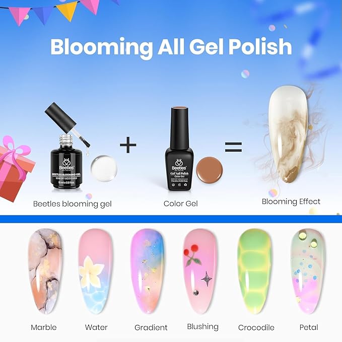 Beetles Blooming Gel 15ml Clear Uv Led Blossom Nails Gel Polish for Spreading Effect Marble Natural Stone Watercolor Floral Print Soak off Diy Nail Art Design Manicure Gift for Women